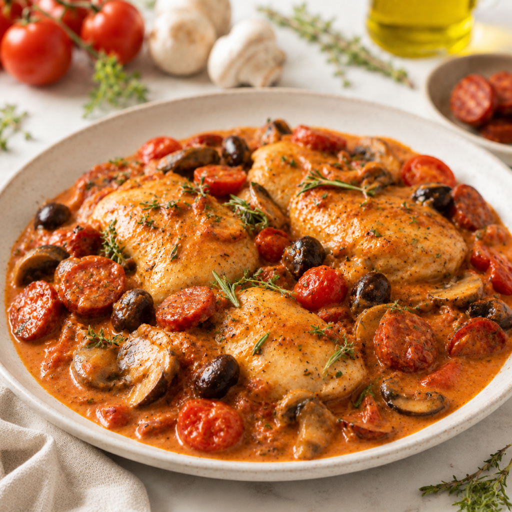 Poulet à l’Italienne au Chorizo, Champignons et Olives