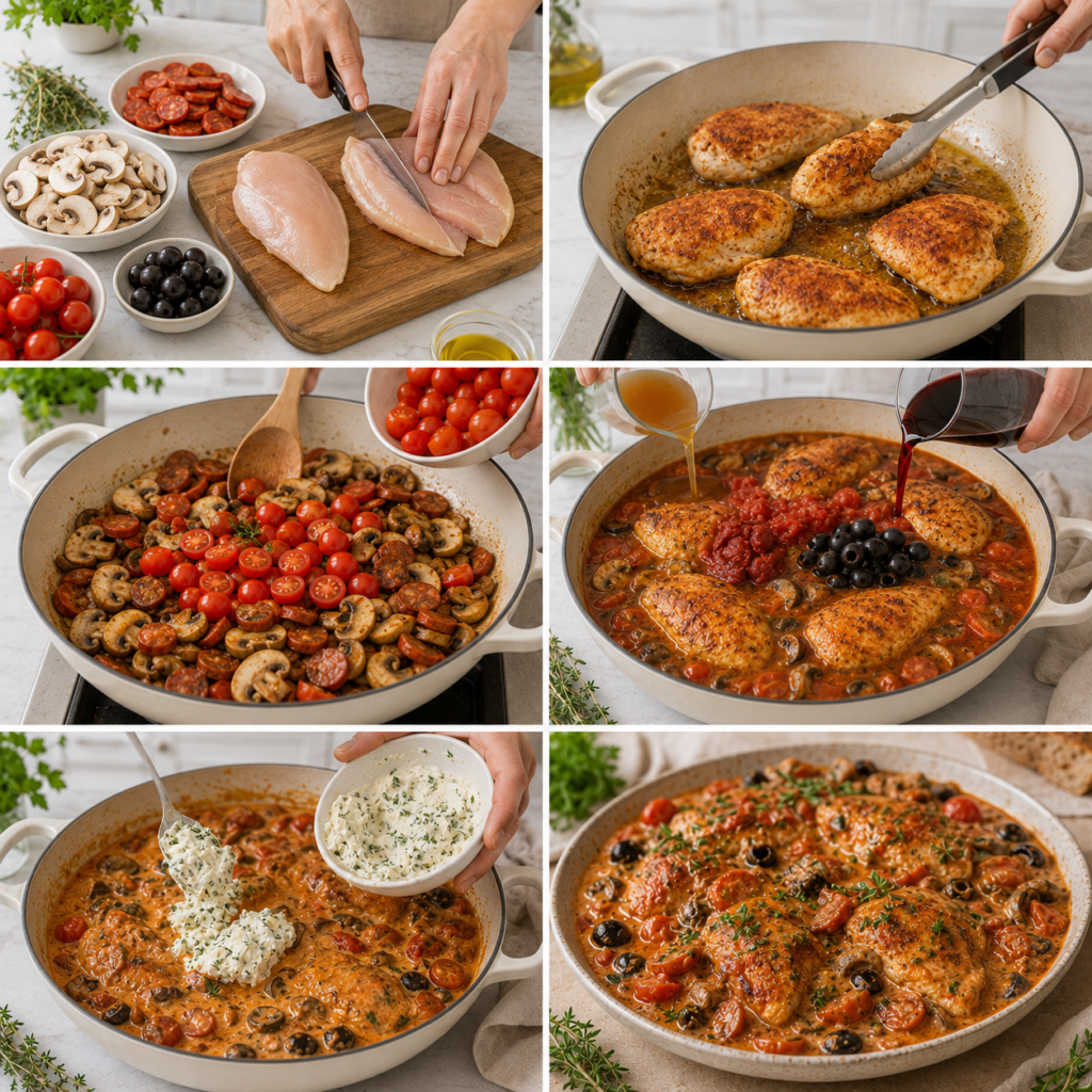 Poulet à l’Italienne au Chorizo, Champignons et Olives