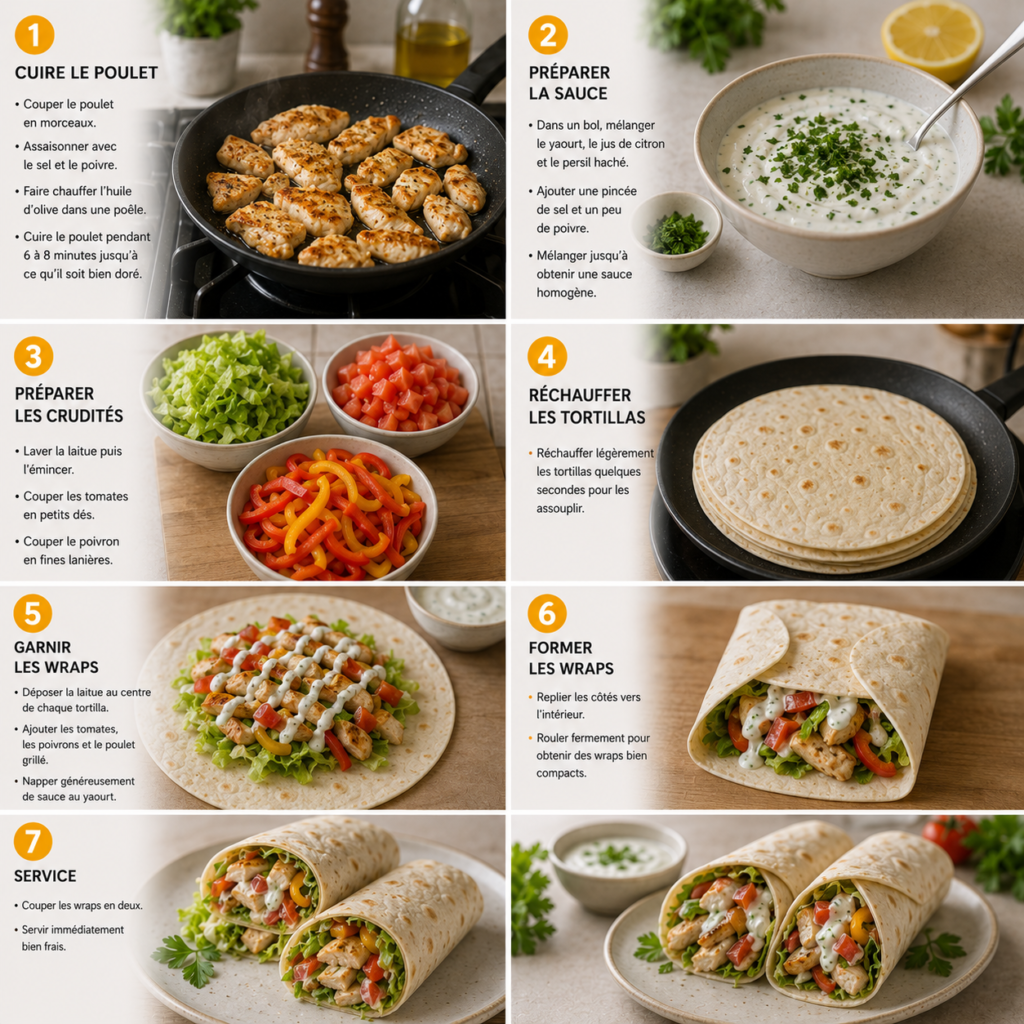A cozy homemade cooking scene featuring a freshly made Wrap Poulet Crudités with Sauce Yaourt. In the foreground, showcase the wrap sliced in half, revealing vibrant layers of grilled chicken, crisp lettuce, sliced tomatoes, and colorful bell peppers, all held together in a soft tortilla. The middle ground includes a small bowl of creamy yogurt sauce garnished with herbs, alongside a cutting board with the fresh ingredients used for filling the wrap. The background features a rustic kitchen setting with wooden shelves, herbs in pots, and sunlight streaming in through a window, creating a warm and inviting atmosphere. Use soft natural lighting to enhance the colors of the ingredients and the texture of the wrap, focusing on a slightly overhead angle for an appealing composition. Wrap Poulet Crudités avec Sauce Yaourt
