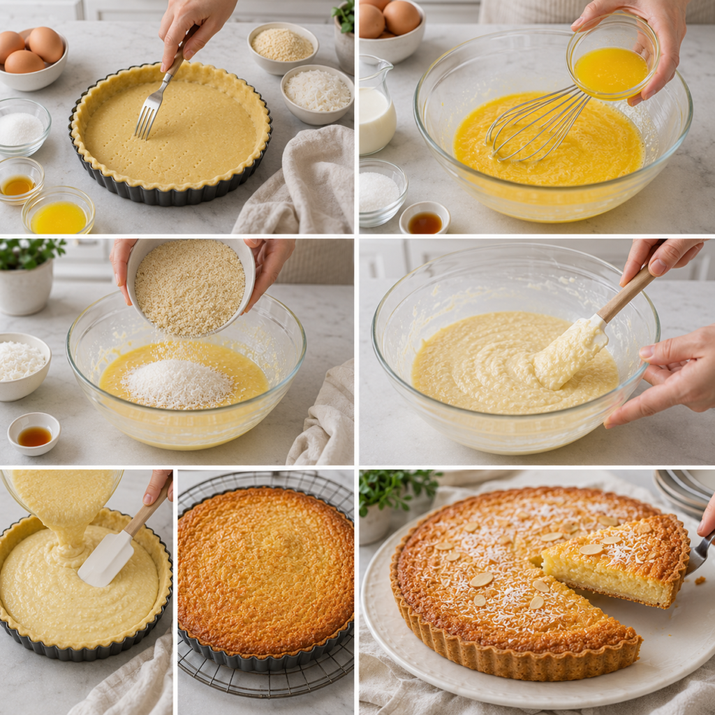 A charming, cozy kitchen scene featuring a robot pâtissier preparing ingredients for a delicious almond-coconut tart. In the foreground, the robot, designed in a sleek yet whimsical style, is skillfully mixing almond flour, shredded coconut, and butter in a stainless-steel mixing bowl. The middle ground showcases an array of colorful ingredients such as eggs, sugar, and vanilla pods, all arranged artfully on a rustic wooden table. In the background, a window lets in warm, natural light, highlighting the comforting atmosphere of the kitchen with quaint utensils hanging and a soft checkered tablecloth. The mood is inviting and creative, perfect for a delightful baking experience. Tarte Amande-Noix de Coco