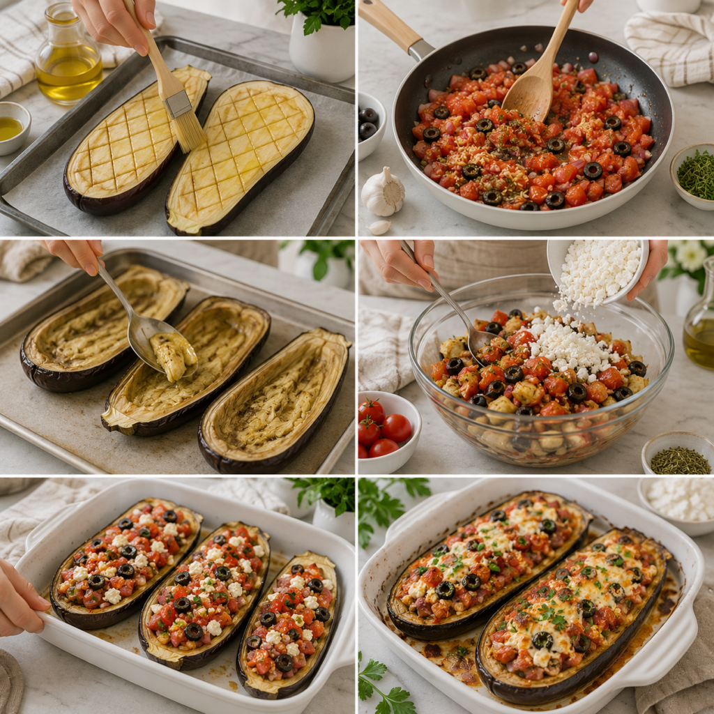 A cozy homemade cooking scene featuring a vibrant, freshly prepared aubergine dish in a rustic plat à gratin. The dish is loaded with colorful feta cheese, ripe tomatoes, and black olives, arranged artfully to showcase the Mediterranean flavors. In the foreground, a gleaming chef's knife rests next to freshly chopped herbs and vegetables, hinting at the preparation process. A modern multifunction food processor stands in the middle of the scene, subtly highlighting its role in creating the delicious filling. Soft, natural lighting pours in from a nearby window, casting gentle shadows and enhancing the warm, inviting atmosphere of an old-world kitchen. The camera angle captures the essence of the moment, with a shallow depth of field focusing on the dish while softly blurring the background elements of the kitchen. Aubergines Farcies à la Grecque