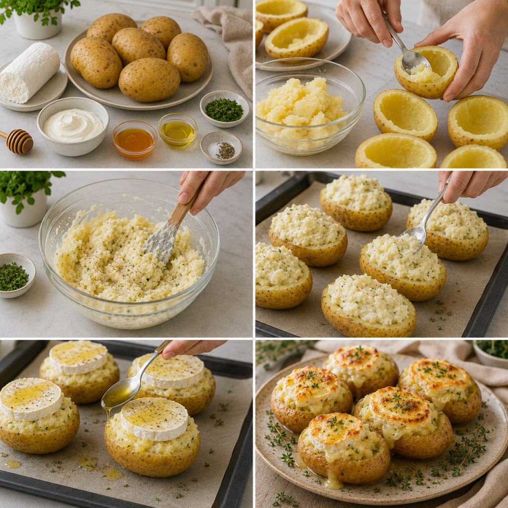 A cozy homemade cooking scene featuring "Pommes de Terre Farcies au Chèvre" beautifully presented on a rustic wooden kitchen table. In the foreground, a golden-brown stuffed baked potato, its creamy goat cheese filling slightly oozing, garnished with fresh herbs and a sprinkle of paprika. Surrounding the potato, vibrant ingredients like chopped tomatoes, scallions, and a small bowl of olive oil enhance the culinary context. In the middle, a warm, soft light filters through a nearby window, casting gentle shadows that highlight the textures of the table and the food. In the background, soft-focus kitchen utensils, herbs in terracotta pots, and the faint hint of an inviting oven provide an intimate, homey atmosphere, suggesting the delightful preparation of this delicious dish. Pommes de Terre Farcies au Chèvre