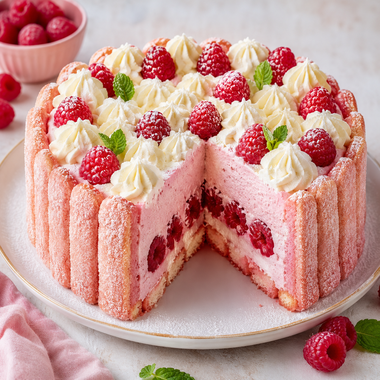Charlotte aux Framboises et Biscuits Roses
