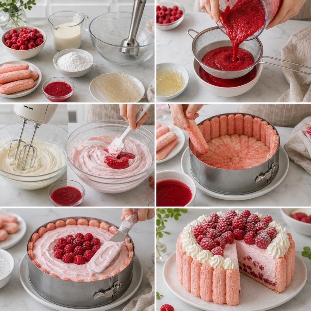 A cozy homemade cooking scene featuring "Charlotte aux Framboises et Biscuits Roses." The foreground showcases a beautifully presented Charlotte cake layered with fresh raspberries and surrounded by pink biscuits. In the middle, there are ingredients like whipped cream, raspberries, and rose biscuits arranged elegantly. The rustic kitchen table is adorned with a soft, checked linen cloth. In the background, warm wooden cabinets and a window casting soft afternoon light create an inviting atmosphere. The lighting is bright yet soft, enhancing the colors of the cake and ingredients. The mood is warm and welcoming, perfect for a home baking experience, capturing the essence of preparing this delicious dessert. Charlotte aux Framboises et Biscuits Roses