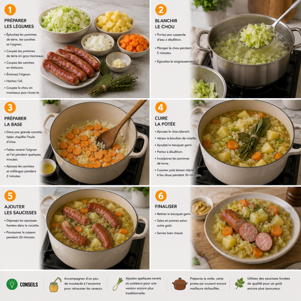 A cozy homemade cooking scene centered around a Potée aux Saucisses et Chou served on a rustic wooden kitchen table. The dish is rich with visually appealing ingredients: tender sausage slices, vibrant green cabbage leaves, and colorful carrots, all simmered to perfection, presented in a charming ceramic bowl. In the foreground, fresh herbs and spices spill from a small wooden bowl, inviting the viewer to explore the flavors. The middle of the scene features natural light streaming through a window, creating a warm and inviting atmosphere that enhances the colors of the meal. The background shows a softly blurred kitchen setting, complete with rustic utensils and pots, emphasizing a home-cooked feel. The composition focuses on the food, evoking a sense of comfort and tradition. Potée aux Saucisses et Chou