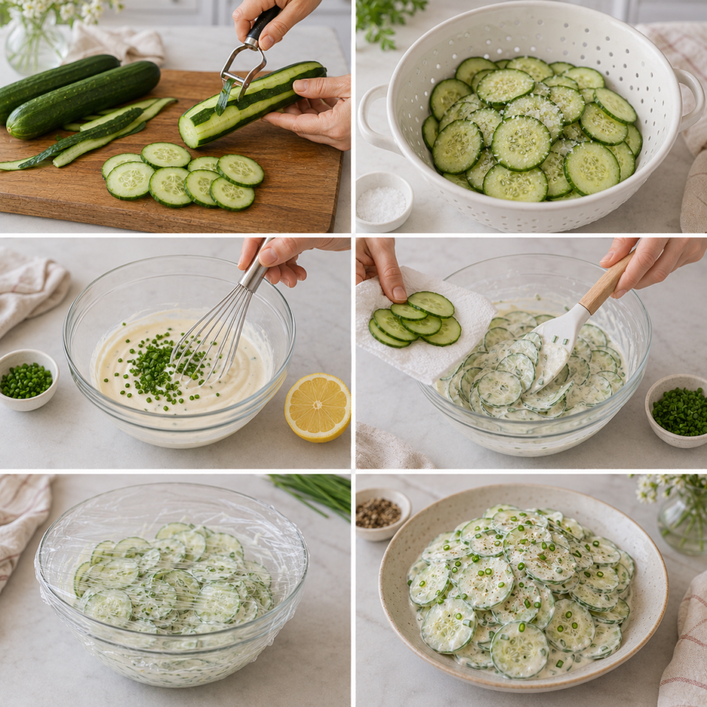 A cozy homemade cooking scene featuring "Concombre à la Crème et Ciboulette" artfully presented on a rustic wooden kitchen table. In the foreground, a fresh cucumber sliced into elegant rounds, topped with a creamy herb sauce and garnished with vibrant green chives. Nearby, a small bowl of the creamy sauce with a spoon and scattered chives for added texture. In the middle ground, soft, natural lighting illuminates the ingredients, emphasizing their freshness. The background includes hints of an inviting kitchen with herbs in pots and wooden utensils hanging. The atmosphere is warm and welcoming, evoking a sense of home-cooked comfort and culinary success. The composition is shot at a slight angle for a dynamic view that invites the viewer into the scene. Concombre à la Crème et Ciboulette