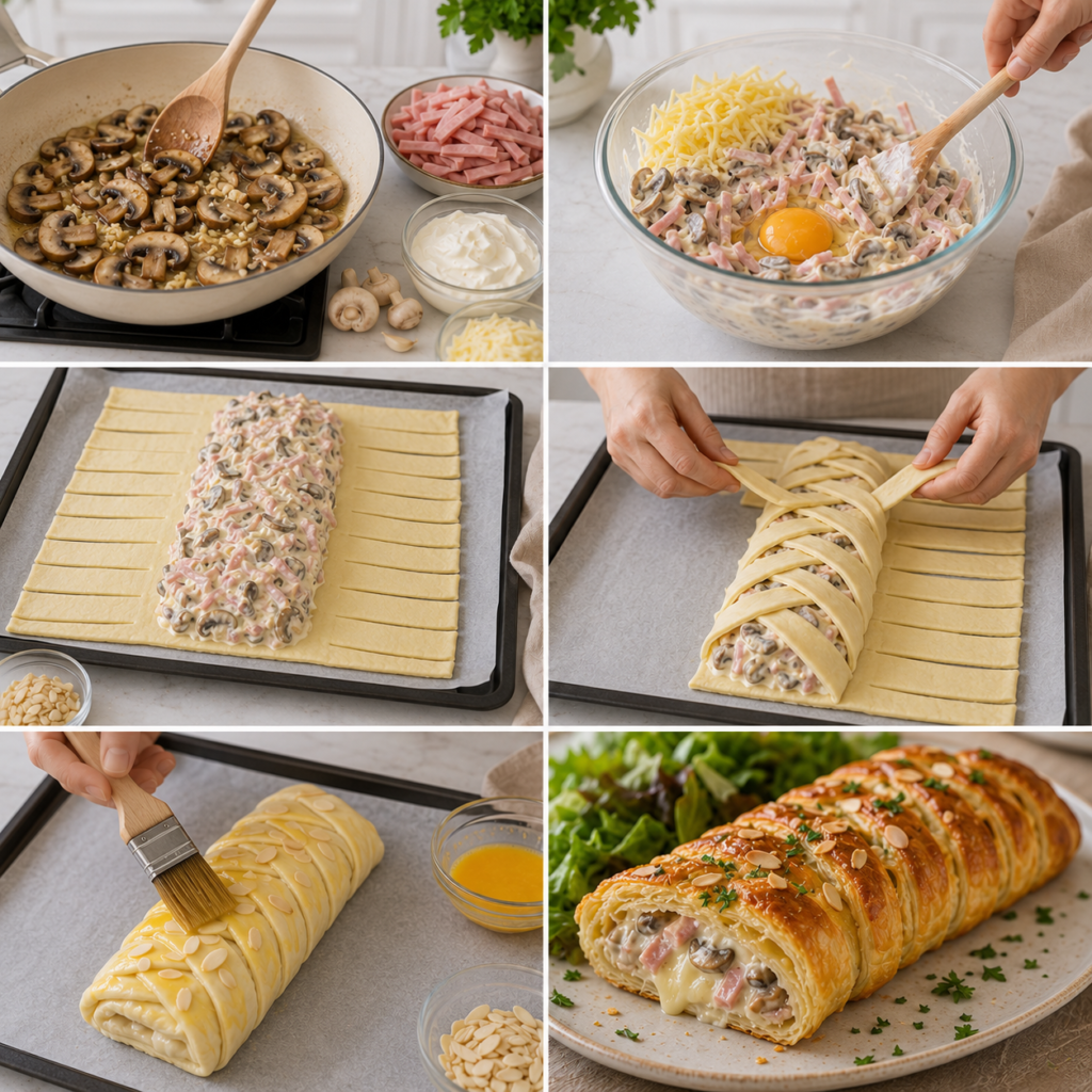A cozy homemade cooking scene featuring a delicious "Feuilleté Crémeux Jambon Fromage et Champignons" presented on a rustic wooden kitchen table. The flaky golden pastry is perfectly baked, with visible layers and edges that are lightly crisped. Melted cheese oozes out, showcasing the ham and mushroom filling. Surround the dish with fresh herbs, a small bowl of dipping sauce, and scattered ingredients like slices of ham and mushrooms, emphasizing a warm, inviting atmosphere. Soft, natural lighting filters in from a nearby window, casting gentle shadows. Use a slight overhead angle to capture the texture and details of the dish while maintaining the rustic charm of the kitchen. The overall mood should evoke a sense of homely comfort and culinary delight. Feuilleté Crémeux Jambon Fromage et Champignons