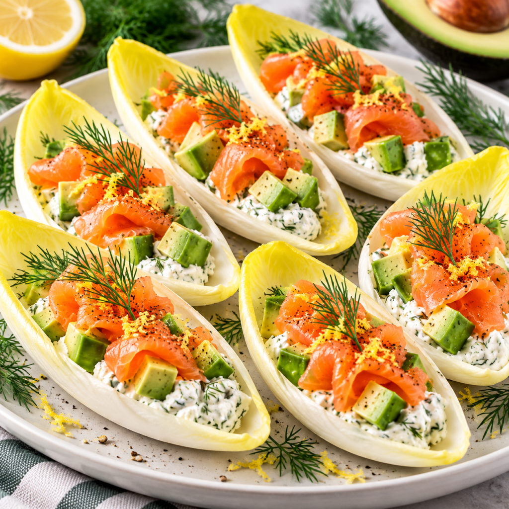 Barquettes d’Endives au Saumon Fumé, Avocat et Fromage Frais