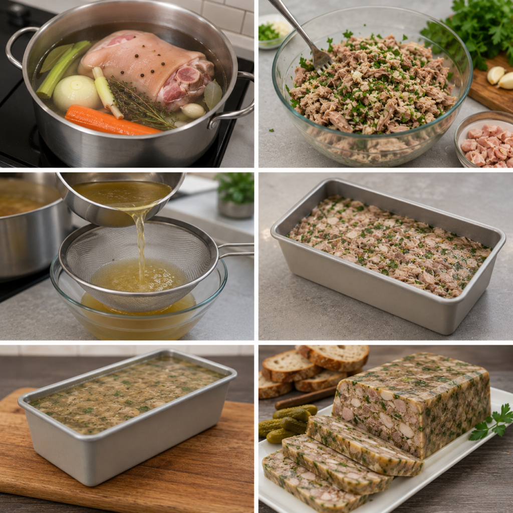 A beautifully presented "Terrine de Jarret de Porc Persillée" served on a rustic wooden kitchen table. The terrine is an inviting slice, showcasing a rich, glossy jelly surrounding tender pieces of pork, flecked with vibrant parsley. In the foreground, a simple, elegant knife rests beside the terrine, hinting at its homemade appeal. The middle ground features a selection of fresh herbs and a glass jar of mustard, enhancing the dish's rustic charm. Soft, natural lighting pours in from a nearby window, casting a warm glow over the scene. The background remains softly blurred, featuring rustic kitchen elements such as wooden shelves lined with jars, evoking a cozy, inviting cooking atmosphere. The overall mood is warm and inviting, perfect for a home-cooked meal. Terrine de Jarret de Porc Persillée