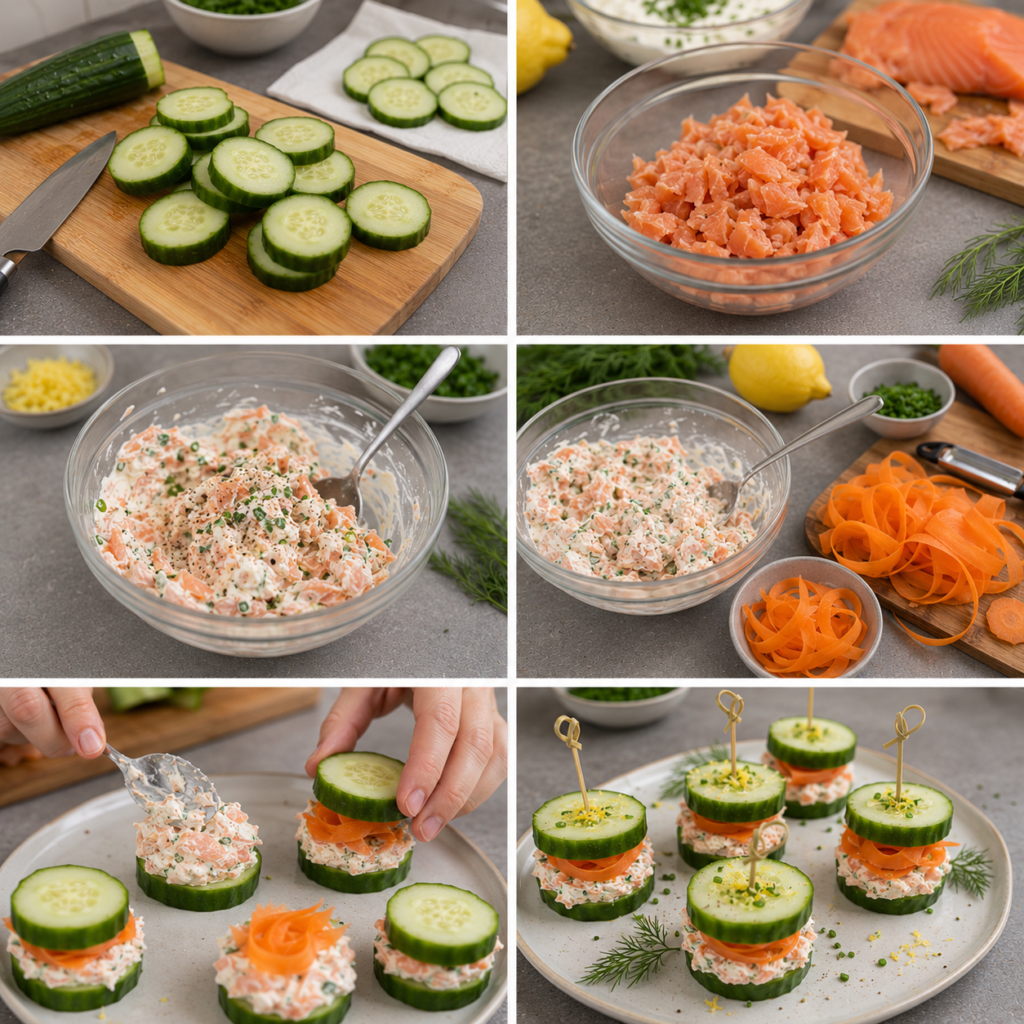 A cozy homemade cooking scene set in a rustic kitchen. In the foreground, a wooden cutting board displays freshly chopped cucumber slices alongside a chef's knife, gleaming under warm kitchen lighting. A vibrant bowl filled with mixed ingredients for a smoked salmon and cream cheese burger sits nearby, exuding freshness and culinary delight. The background features softly blurred shelves adorned with assorted spices and cooking utensils, enhancing the atmosphere of a welcoming kitchen space. Capture this composition using a warm color palette, emphasizing a homely, inviting mood. The perspective is from a slightly elevated angle, drawing attention to the preparation process without distractions such as text or watermarks. The image should inspire a sense of comfort and creativity in cooking. Burger de Concombre au Saumon Fumé et Fromage Frais