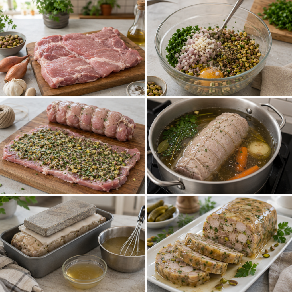 A beautifully arranged plate of Galantine de Porc Fermière aux Herbes et Pistaches, showcasing the delicacy’s intricate presentation. In the foreground, the galantine, sliced to reveal its vibrant green herbs and scattered pistachio pieces, glistens with a light jelly coating. Surrounding the dish are rustic garnishes like fresh herbs, whole pistachios, and a small bowl of mustard. In the middle, a wooden kitchen table features a well-used cutting board, a knife, and an antique pepper mill, conveying a cozy, homemade cooking ambiance. The background softly fades into a warmly lit kitchen with vintage pots, herbs hanging from the ceiling, and sunlight filtering through a window. The overall mood is inviting and sophisticated, celebrating the art of traditional French cooking. Galantine de Porc Fermière aux Herbes et Pistaches