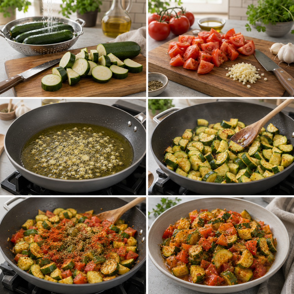 A cozy homemade cooking scene showcasing a vibrant medley of sautéed vegetables, focusing on zucchini, garlic, and paprika. In the foreground, a rustic wooden table displays a frying pan with sizzling, colorful vegetables glistening in olive oil, surrounded by fresh ingredients like garlic cloves and red paprika. A wooden spoon rests beside the pan. The middle ground captures a gentle kitchen atmosphere, with warm, natural lighting streaming in from a nearby window, enhancing the rich colors of the veggies. In the background, soft-focus kitchen shelves filled with spices and cookbook give a homey feel. The mood is inviting and relaxed, perfect for a cooking session. The angle is slightly overhead, providing a clear view of the preparation process without any distractions. Courgettes Sautées à l’Ail et au Paprika