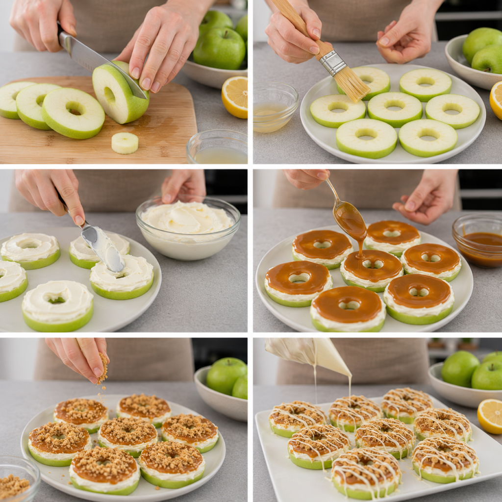A cozy kitchen scene featuring a wooden cutting board and a sharp kitchen knife, artistically positioned to prepare fresh, crisp apples. The cutting board shows slices of vibrant red and green apples, glistening with a hint of juiciness. Soft, natural lighting filters through a nearby window, casting gentle shadows and creating a warm ambiance. In the background, a rustic kitchen table is adorned with a bouquet of fresh flowers and hints of cooking utensils, adding a touch of homeliness. The overall atmosphere is inviting and serene, evoking a sense of homemade goodness and culinary creativity. The focus is on the cutting board and knife, with a shallow depth of field to softly blur the background elements, emphasizing the preparation process. Anneaux de Pomme au Cheesecake et au Caramel