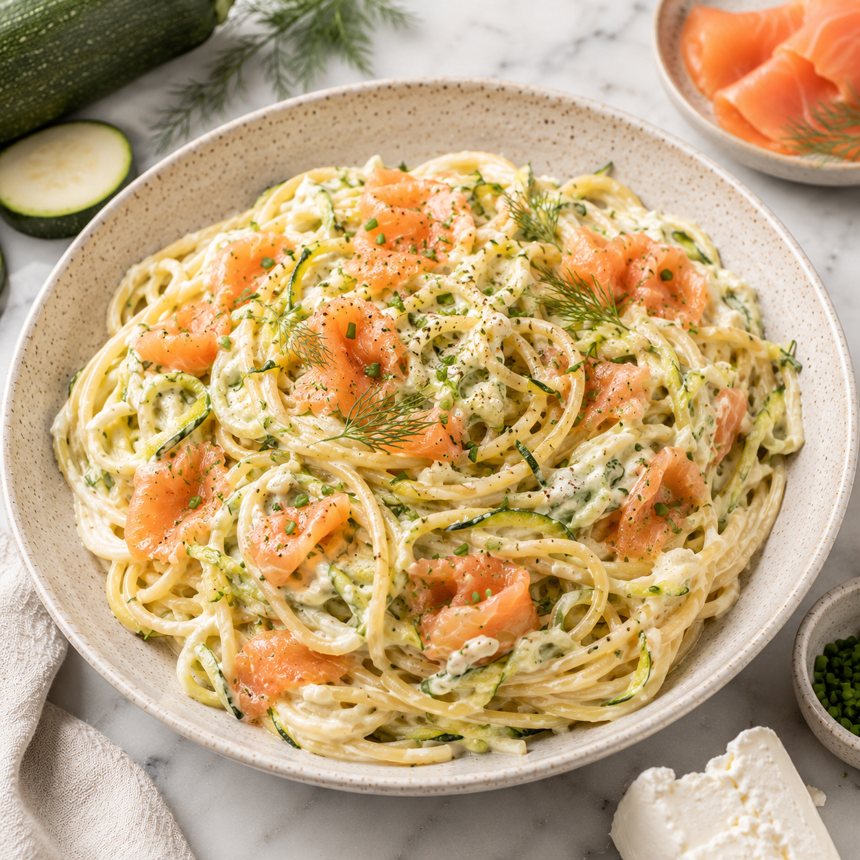 Spaghettis aux Courgettes Saumon Fumé et Crème de Chèvre
