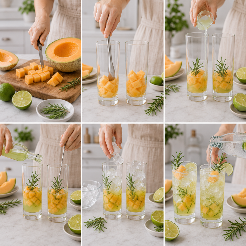 A cozy rustic kitchen scene showcasing a refreshing "Spritz Pétillant au Melon Romarin et Citron Vert" cocktail. In the foreground, a beautifully crafted glass filled with a vibrant, sparkling drink garnished with fresh mint leaves, melon balls, and a sprig of rosemary. The glass rests on a textured wooden table, reflecting soft sunlight that filters through a nearby window, casting a warm glow. In the middle background, delicate ingredients such as slices of lime and fresh melon are artfully arranged, alongside a rustic cutting board. A few crystal-clear bubbles escape from the drink, suggesting effervescence. The atmosphere is serene and inviting, evoking the essence of summer with an elegant touch, perfect for enjoying a refreshing cocktail on a warm day. Spritz Pétillant au Melon Romarin et Citron Vert