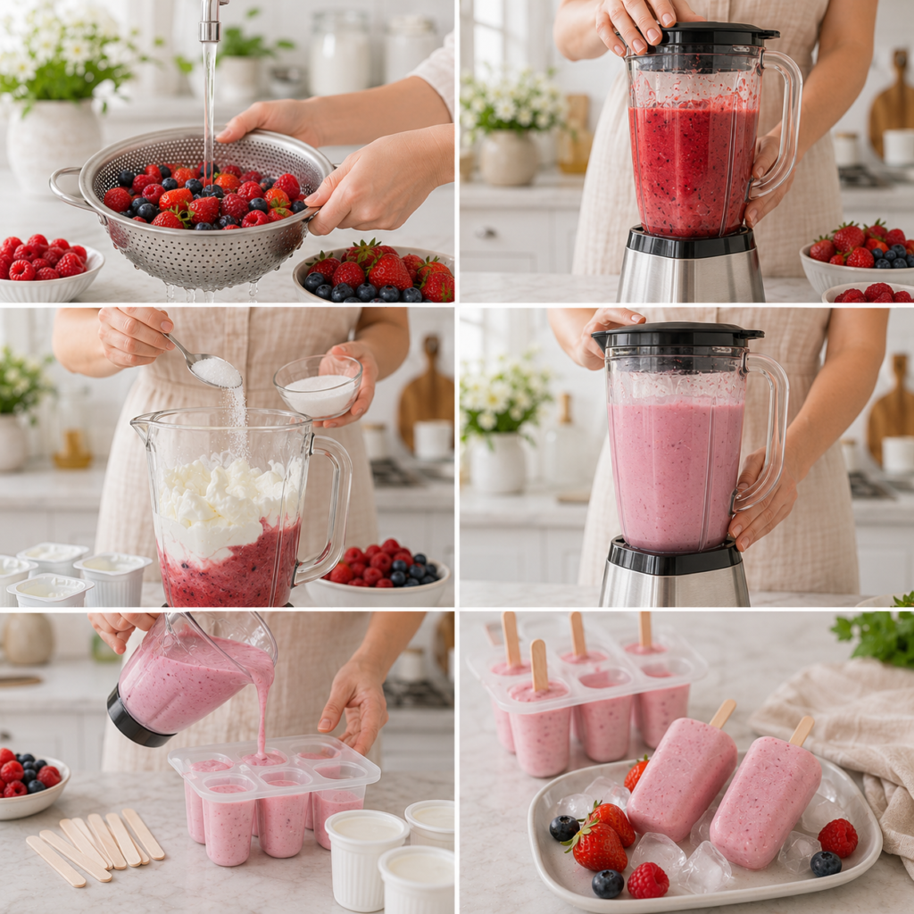 A cozy homemade cooking scene featuring "Glace aux Petits Suisses et Fruits Rouges" served in a delicate glass bowl on a rustic wooden kitchen table. The foreground showcases the creamy texture of the ice cream, adorned with vibrant red berries like strawberries and raspberries, glistening with a hint of dew. In the middle, a spoon rests beside the bowl, emphasizing the inviting nature of the dessert. The background reveals a softly lit kitchen with warm wooden cabinets and a selection of fresh fruits scattered around, creating a homely atmosphere. Natural sunlight filters through a window, casting gentle shadows and enhancing the inviting colors of the dessert. The scene exudes a sense of warmth, comfort, and delicious indulgence, making it perfect for a flavorful summer treat. Glace aux Petits Suisses et Fruits Rouges