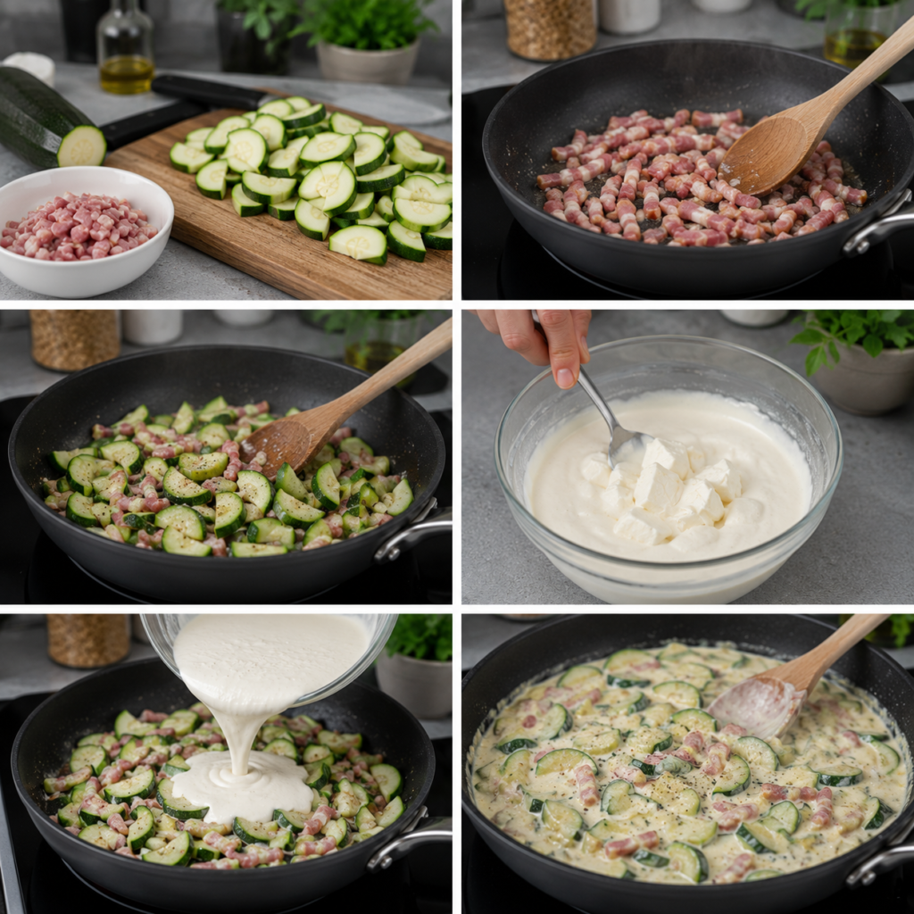 A cozy, rustic kitchen scene features a grande poêle in the foreground, filled with golden, sautéed courgettes styled in a Carbonara dish. The poêle is slightly worn, showcasing its use and charm, while steam rises lightly from the vegetables, indicating warmth. Surrounding it are vibrant ingredients like fresh herbs, a wedge of cheese, and a wooden spoon. In the middle ground, there is a rustic wooden table adorned with a soft, checkered cloth, giving a homey vibe. The background includes warm, ambient lighting from a vintage overhead lamp, casting a soft glow and highlighting the inviting atmosphere. A few culinary utensils hang on the wall, adding to the culinary ambiance. The scene exudes warmth, comfort, and a touch of rustic charm, perfect for illustrating a cooking preparation space. Courgettes Façon Carbonara à la Vache qui Rit
