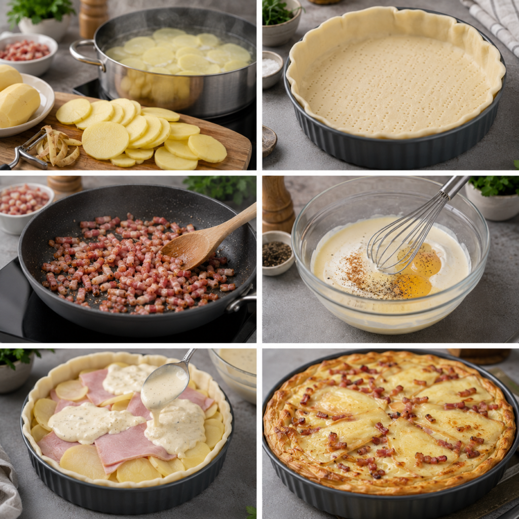 A cozy, rustic kitchen scene featuring a variety of essential cooking tools for preparing a Raclette and ham cake. In the foreground, a shiny stainless-steel casserole pot sits next to a non-stick frying pan and a vibrant mixing bowl filled with ingredients like grated cheese and chopped ham. The middle ground showcases a wooden kitchen table, adorned with fresh herbs and a recipe card, softly illuminated by warm, natural light filtering through a nearby window. In the background, shelves lined with spices and cooking utensils create an inviting atmosphere. The overall mood is warm and comforting, perfect for a homely cooking experience, capturing the essence of a delicious and hearty dish. Gâteau de Raclette au Jambon