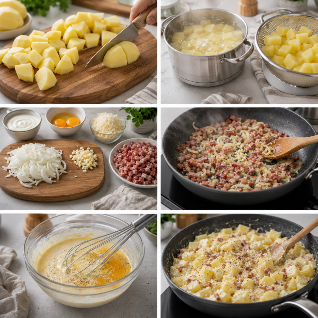 A rustic kitchen table adorned with a warm, inviting setup. In the foreground, a creamy Carbonara de Pommes de Terre served in a rustic bowl, with delicate tendrils of steam rising from the dish. The potatoes are cut into generous, soft pieces, coated in a rich, golden sauce with crispy pancetta pieces artfully placed on top. In the middle ground, fresh herbs like parsley and a sprinkle of Parmesan cheese add vibrant color. A wooden spoon rests beside the bowl, glistening with sauce. Soft, natural lighting filters in from a nearby window, casting gentle shadows and creating a cozy atmosphere. The background features blurred kitchen elements, such as vintage utensils and a pot of simmering sauce, enhancing the homey ambiance without distraction. Carbonara de Pommes de Terre