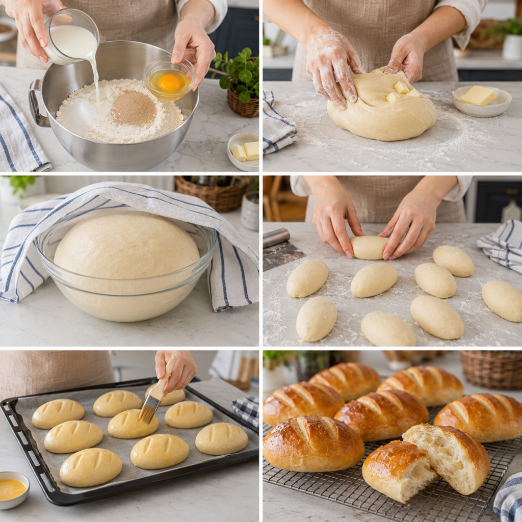 A cozy kitchen scene filled with warm light, showcasing a robot pâtissier actively preparing dough for soft milk rolls. In the foreground, a stainless steel mixing bowl sits on a wooden countertop, with flour dusted nearby, and a baked good cooling on a wire rack. The robot pâtissier, elegantly designed with a sleek modern look, holds a silicone pastry brush poised over a baking sheet lined with parchment paper. In the background, shelves are filled with baking ingredients including flour, sugar, and eggs, creating an inviting atmosphere of homemade baking. The composition captures the essence of comfort and creativity in baking, with soft shadows and a gentle, inviting glow. Pains au Lait Comme en Boulangerie
