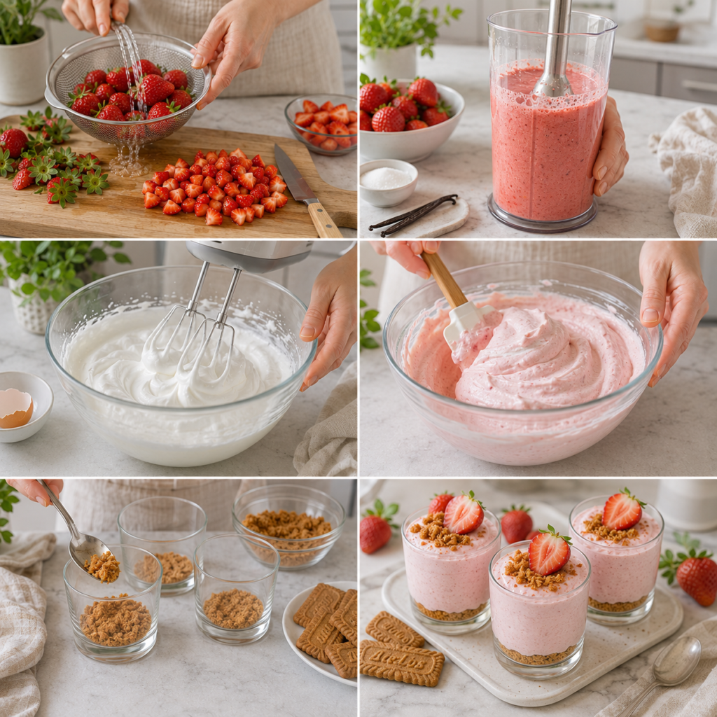 A cozy homemade cooking scene featuring dessert verrines filled with light, airy strawberry mousse and crunchy speculoos crumbles. In the foreground, a beautifully arranged trio of elegant glass verrines sits atop a wooden rustic kitchen table, showcasing the vibrant pink mousse layered with crushed speculoos. Fresh strawberries garnish the top, while a sprinkle of cookie crumbs adds texture. The middle ground reveals a soft, warm light filtering through a nearby window, casting gentle shadows and highlighting the creamy dessert. The background includes a few rustic kitchen elements, like a rolling pin and wooden spoons, enhancing the homemade feel. The atmosphere is inviting and cheerful, perfect for a casual gathering. The photo is taken from a slightly elevated angle to emphasize the colors and layers of the dessert. Mousse aux Fraises et Spéculoos