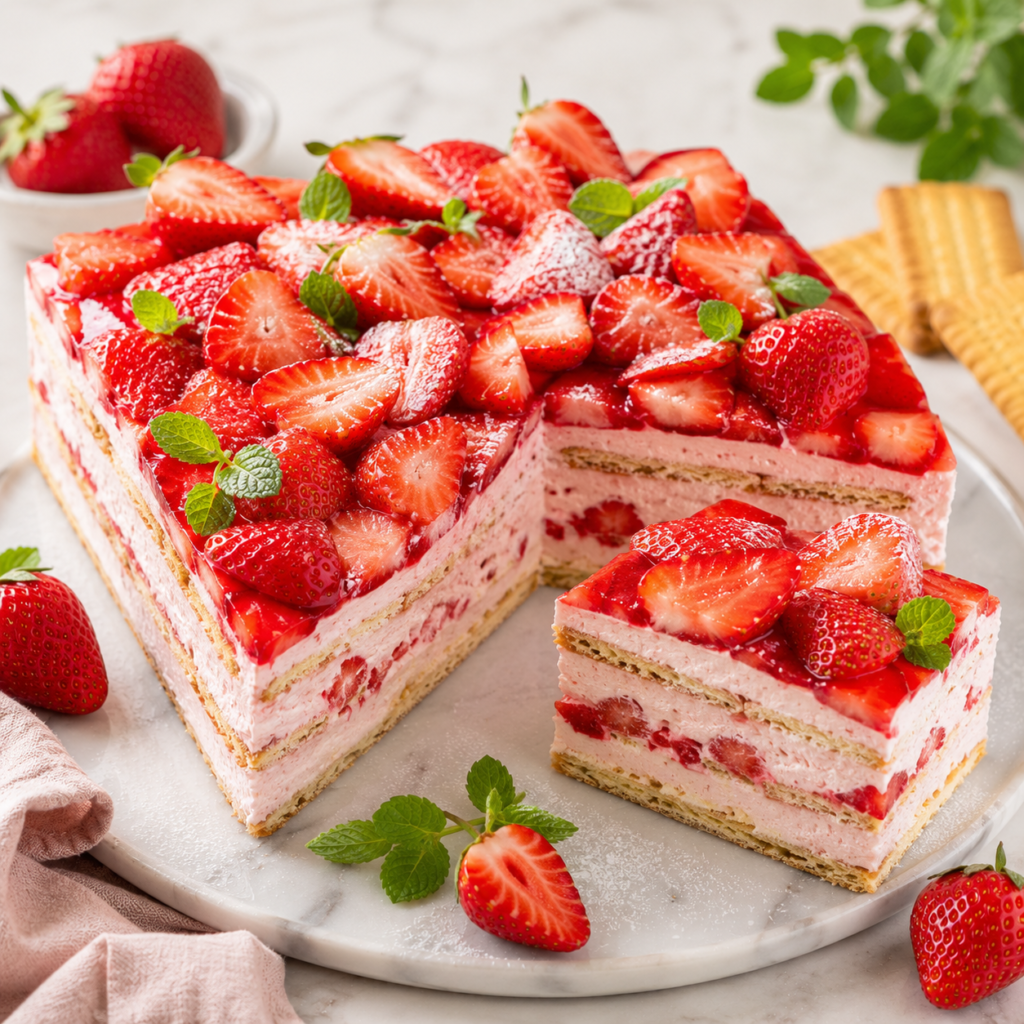 Gâteau Sans Cuisson aux Fraises et Biscuits