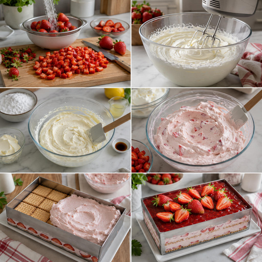 A cozy and inviting kitchen scene featuring a rectangular baking mold and a mixing bowl filled with fresh strawberry cake batter. The foreground highlights the details of the mold and the bowl, surrounded by vibrant red strawberries and soft, creamy whipped topping. In the middle, there’s a rustic wooden kitchen table adorned with kitchen utensils, like a whisk and measuring cups, all with a warm, natural wooden texture. The back shows soft sunlight filtering through a nearby window, creating a warm and homely atmosphere. The overall mood is peaceful and inspiring, perfect for a fresh, no-bake strawberry and biscuit dessert preparation. The image should be clear and well-composed, emphasizing the deliciousness and simplicity of the cake-making process, with a slight focus effect on the mold and bowl. Gâteau Sans Cuisson aux Fraises et Biscuits