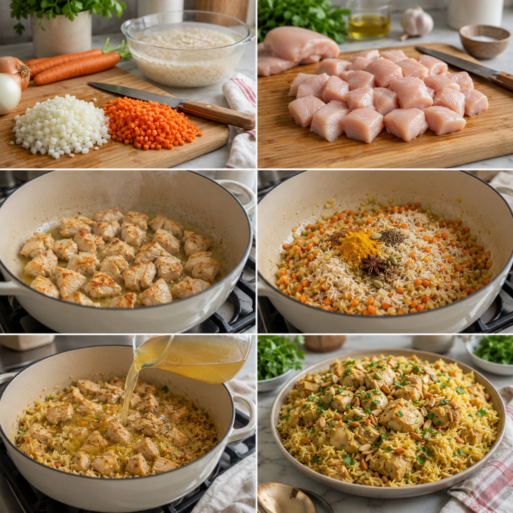 A cozy homemade cooking scene set in a rustic kitchen, featuring a vibrant plate of Riz Pilaf au Poulet et Épices. In the foreground, tantalizing golden rice is garnished with succulent pieces of chicken and colorful spices, showcasing a harmonious blend of flavors. Fresh herbs like parsley are scattered on top, adding a pop of green. In the middle, traditional kitchen utensils like wooden spoons and a fragrant spice jar are placed beside the dish. The background reveals a warm, inviting kitchen ambiance with wooden cabinetry and soft, natural lighting filtering through a nearby window, enhancing the dish’s appetizing appeal. The overall mood is warm and inviting, perfect for a family meal or gathering. Riz Pilaf au Poulet et Épices
