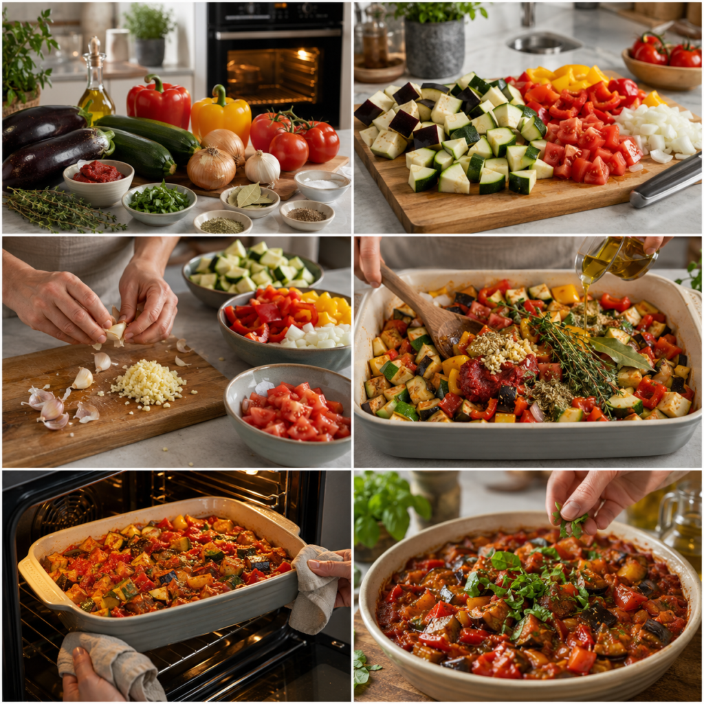 A cozy kitchen scene featuring the preparation of ingredients for ratatouille. In the foreground, a wooden cutting board is placed on a rustic table, showcasing chopped vibrant vegetables: zucchini, bell peppers, eggplant, and tomatoes, all fresh and vividly colored. A sharp chef's knife rests beside the ingredients, reflecting the kitchen's warm ambient light. In the middle ground, a hand (wearing modest, casual clothing) skillfully slices an onion, highlighting the action of preparation. The background includes a softly lit kitchen with wooden shelves and herbs in pots, creating an inviting atmosphere. The lighting is warm and gentle, casting soft shadows, evoking the comfort of homemade cooking. The overall mood is vibrant, focused, and homey, perfect for illustrating a culinary experience. Ratatouille confite au four