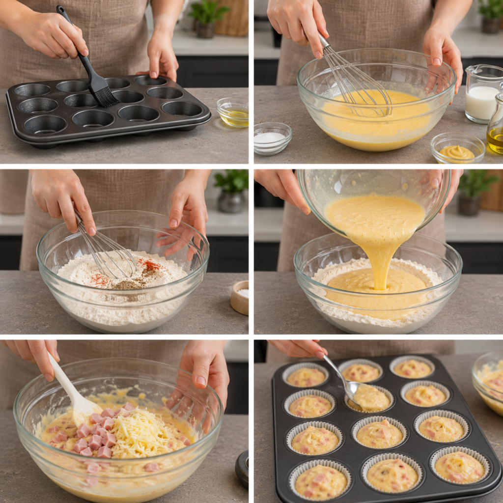 A cozy homemade cooking scene featuring a muffin tin filled with freshly baked savory muffins made with ham and cheese, placed on a rustic wooden kitchen table. The tin is well-worn with a light patina, emphasizing a homely and inviting atmosphere. In the foreground, a scattering of flour and a small bowl of cheese beside a whisk suggest preparation in progress. The middle of the scene includes the muffin tin, beautifully showcasing the muffins, golden brown with a slight crust on top, skillfully arranged. In the background, soft, natural lighting filters through a window, casting a warm glow that enhances the comforting vibe of the setting. Capture the essence of easy, delectable cooking with a focus on savory muffins, creating a warm, inviting atmosphere. Muffins Salés au Jambon et au Fromage