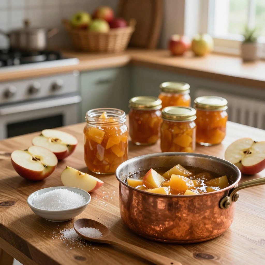 A cozy homemade cooking scene depicting the preparation of apple fruit paste. In the foreground, a wooden table is adorned with a shiny copper pot filled with simmering apple compote. Nearby, a small dish of crystal sugar sparkles under the warm kitchen light. A wooden spoon rests beside the pot, with some apple slices and sugar scattered artistically around. In the middle, jars of finished apple fruit paste are neatly arranged, showcasing their vibrant colors. The background features soft-focus kitchen elements like a fruit basket and a rustic stove, illuminated by gentle, natural light filtering in from a nearby window, creating a warm and inviting atmosphere. The overall mood is friendly and homely, perfect for a cooking tutorial.
