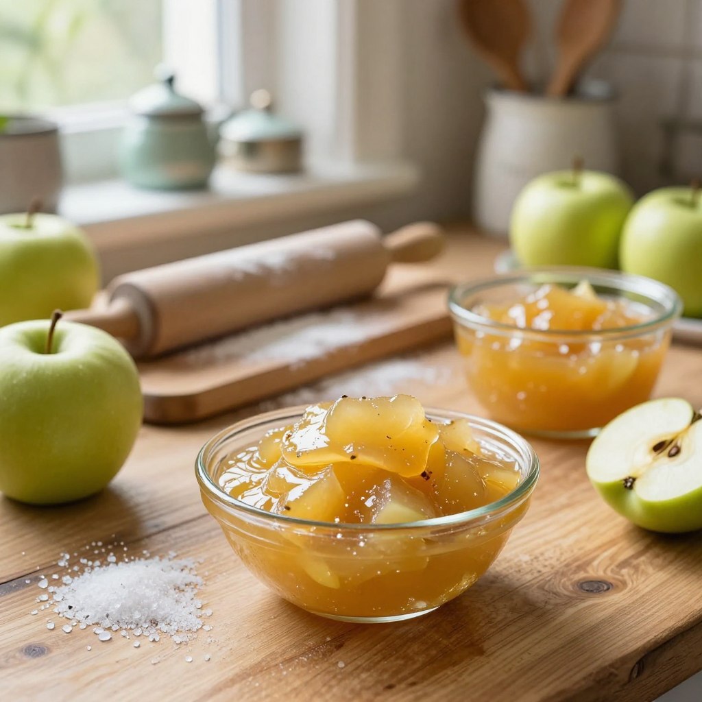 A cozy homemade cooking scene featuring "Pâtes de fruits à la pomme maison" elegantly arranged on a rustic wooden kitchen table. In the foreground, a small, glass dish filled with bright, translucent apple fruit pastes glistens under warm, soft lighting. Scattered around are ingredients such as fresh green apples, crystal sugar crystals, and a small pot of smooth apple compote, creating a vibrant color palette. The middle ground showcases a rolling pin and a wooden board dusted with sugar, hinting at the preparation process. In the background, vintage kitchen utensils and a window letting in natural light add to the inviting atmosphere, emphasizing a sense of warmth and nostalgia in this culinary setting. Focus on a shallow depth of field to highlight the fruit pastes while softly blurring the background.