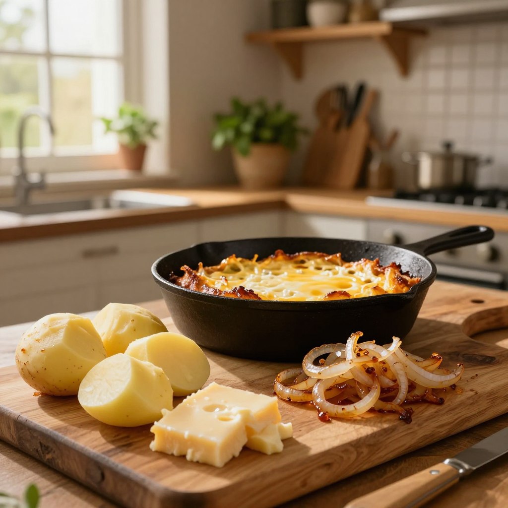 A cozy homemade cooking scene featuring the ingredients for "Gratin de pommes de terre à la raclette et aux oignons fondants." In the foreground, display peeled and sliced potatoes, melting raclette cheese, and fragrant caramelized onions, all artistically arranged on a rustic wooden cutting board. In the middle, a cast iron skillet sizzles with the layered gratin, bubbling lightly with cheese and a hint of golden crust. The background showcases a warm, inviting kitchen with soft, golden lighting, wooden shelves lined with herbs and utensils, and a window letting in gentle morning light. The atmosphere is comforting, evoking a sense of home and culinary delight, perfect for a heartwarming meal. A cozy homemade cooking scene featuring the ingredients for "Gratin de pommes de terre à la raclette et aux oignons fondants." In the foreground, display peeled and sliced potatoes, melting raclette cheese, and fragrant caramelized onions, all artistically arranged on a rustic wooden cutting board. In the middle, a cast iron skillet sizzles with the layered gratin, bubbling lightly with cheese and a hint of golden crust. The background showcases a warm, inviting kitchen with soft, golden lighting, wooden shelves lined with herbs and utensils, and a window letting in gentle morning light. The atmosphere is comforting, evoking a sense of home and culinary delight, perfect for a heartwarming meal.