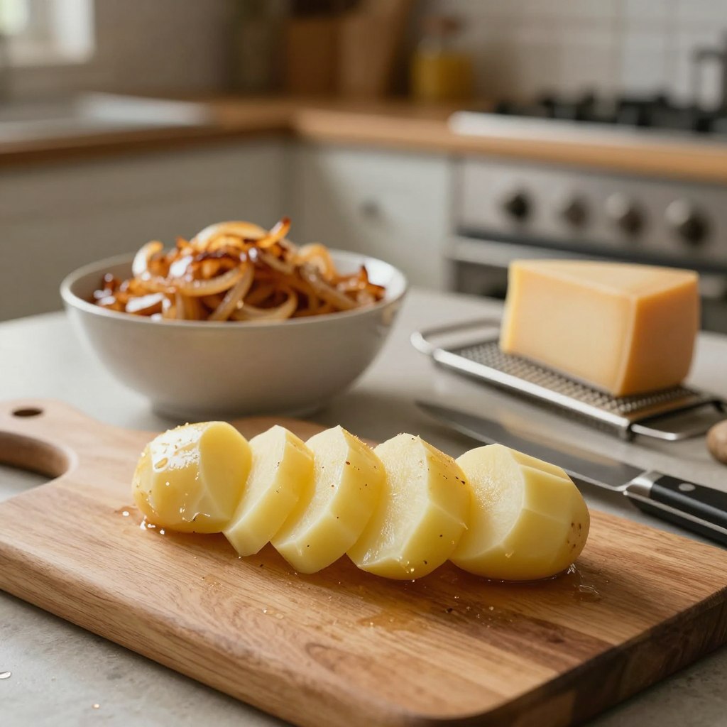 A cozy, rustic kitchen scene featuring the preparation of potatoes for a creamy gratin. In the foreground, a wooden cutting board holds freshly peeled, sliced potatoes, each slice glistening with moisture. A sharp knife lies nearby, hinting at the cooking process. In the middle ground, a bowl of caramelized onions adds warmth and richness, while an elegant cheese grater rests beside it, ready for layers of raclette cheese. The background showcases a soft-focus view of a charming kitchen, with warm, diffused lighting illuminating the scene, creating a welcoming atmosphere. The angle captures a slight overhead view, inviting the viewer into this culinary journey, evoking comfort and home-cooked goodness. A cozy, rustic kitchen scene featuring the preparation of potatoes for a creamy gratin. In the foreground, a wooden cutting board holds freshly peeled, sliced potatoes, each slice glistening with moisture. A sharp knife lies nearby, hinting at the cooking process. In the middle ground, a bowl of caramelized onions adds warmth and richness, while an elegant cheese grater rests beside it, ready for layers of raclette cheese. The background showcases a soft-focus view of a charming kitchen, with warm, diffused lighting illuminating the scene, creating a welcoming atmosphere. The angle captures a slight overhead view, inviting the viewer into this culinary journey, evoking comfort and home-cooked goodness.