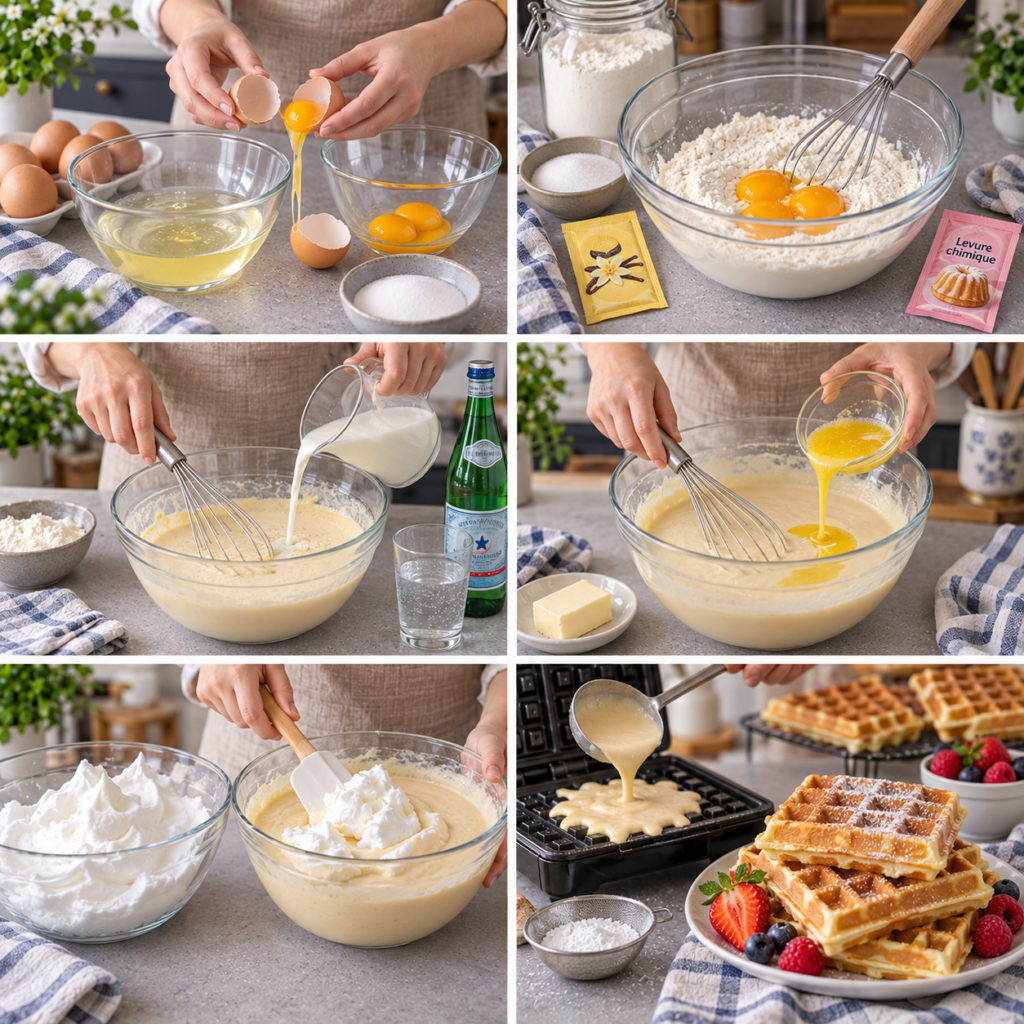 A cozy kitchen scene featuring an electric waffle maker prominently in the foreground, showcasing a freshly cooked waffle being lifted from it with a fork. The waffle is golden-brown, perfectly crisp on the outside, and fluffy on the inside, topped with a light dusting of powdered sugar and fresh berries. In the middle ground, a rustic wooden kitchen table adorned with a white cloth and a jug of syrup creates a warm atmosphere. Soft, natural light filters through a nearby window, casting gentle shadows and enhancing the inviting mood. The background reveals shelves filled with various baking ingredients, utensils, and a few potted herbs, emphasizing a homemade cooking environment. The overall ambiance is warm, welcoming, and homely, perfect for highlighting the joy of making delicious waffles. Pâte à gaufres maison moelleuses
