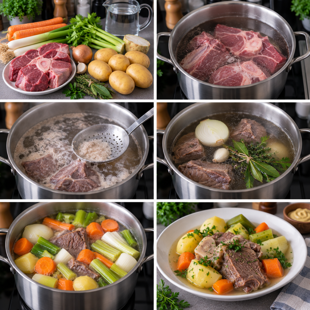 A cozy homemade cooking scene featuring the preparation of pot-au-feu. In the foreground, a wooden ladle is scooping a steaming portion of the beef and vegetable stew from a large, cast iron pot. The pot, blackened with use, sits on a rustic wooden kitchen table surrounded by fresh ingredients like carrots, leeks, and potatoes. In the middle ground, a warm and inviting kitchen with stone walls and glowing amber light creates a comforting atmosphere. The background showcases shelves lined with herbs and spices, emphasizing the homemade feel. Soft, diffused lighting highlights the textures and steam rising from the pot, inviting viewers to savor this classic French dish. The scene should evoke warmth, nostalgia, and the joys of home cooking. Pot-au-feu léger de bœuf aux légumes