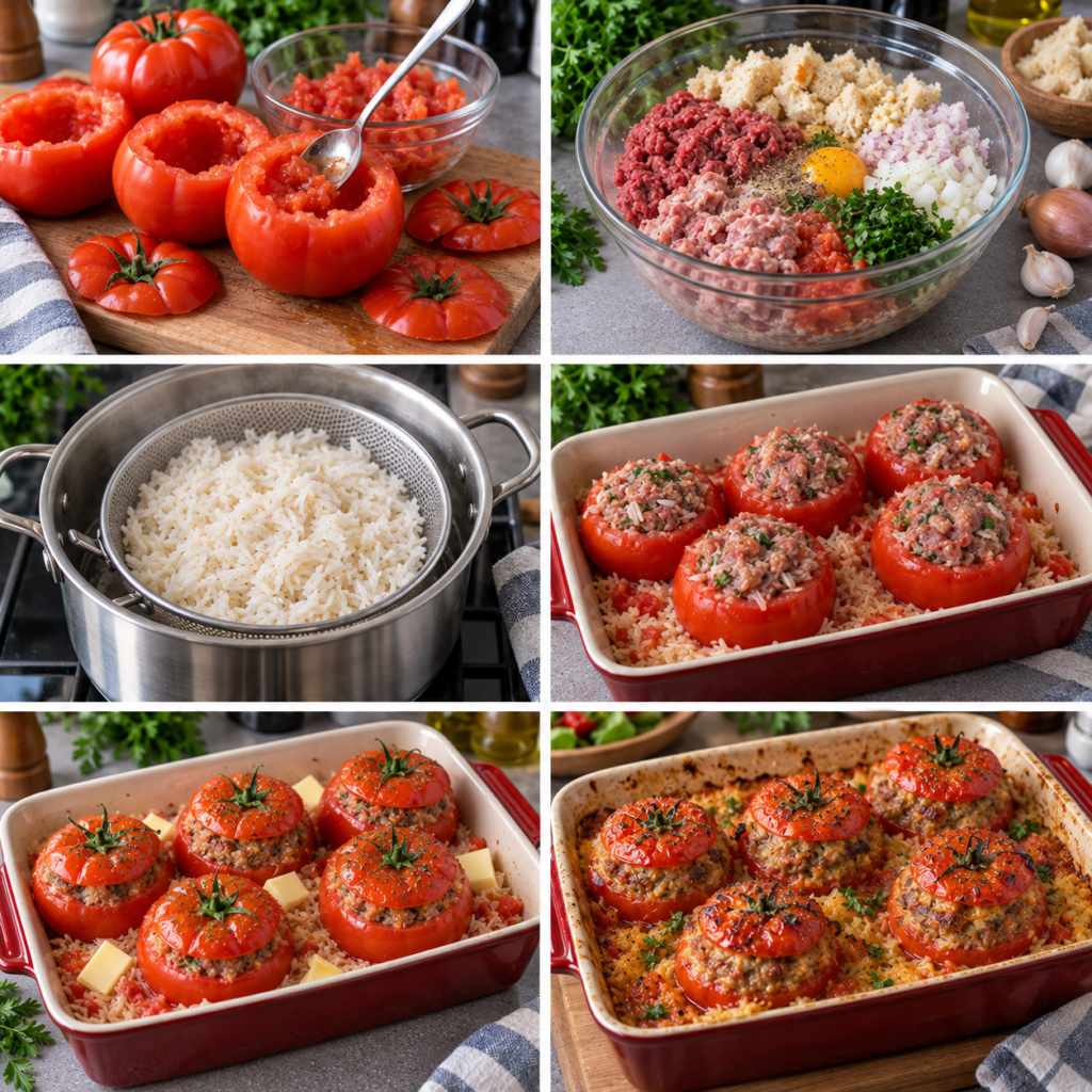 A cozy homemade cooking scene illustrating the preparation of stuffed tomatoes (tomates farcies) on a rustic kitchen table. In the foreground, plump, ripe red tomatoes are halved, revealing their juicy interiors, accompanied by a bowl of seasoned ground beef, sausage meat, and cooked rice, all ready for stuffing. In the middle, a wooden spoon rests beside a mixing bowl filled with the filling, while colorful herbs like parsley and thyme are scattered around. The background features a softly lit kitchen environment with warm, inviting tones, vintage utensils, and fresh vegetables. The overall atmosphere is warm and inviting, reminiscent of a grandmother's kitchen, capturing a sense of comfort and tradition in home-cooked meals. Tomates farcies façon grand-mère