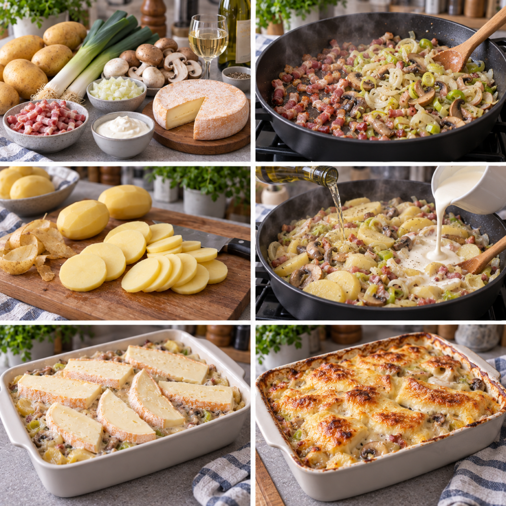 A beautifully sharp chef's knife rests prominently on a rustic wooden kitchen table, surrounded by fresh ingredients, including golden potatoes, vibrant leeks, and earthy mushrooms, all prepped for a delicious tartiflette dish. The foreground showcases the knife with its gleaming blade reflecting soft, warm kitchen lighting. In the middle, the colorful vegetables are arranged artfully in a casual yet organized manner, hinting at their upcoming culinary transformation. The background features a cozy kitchen ambiance, with shelves adorned with cooking utensils and a hint of a rustic stone wall, creating an inviting atmosphere. The overall mood is warm and homely, evoking the comfort of homemade cooking. The scene is captured with a slightly blurred aesthetic to emphasize the vibrant colors and textures while maintaining a cozy focus on the knife and ingredients. Tartiflette aux Poireaux et Champignons