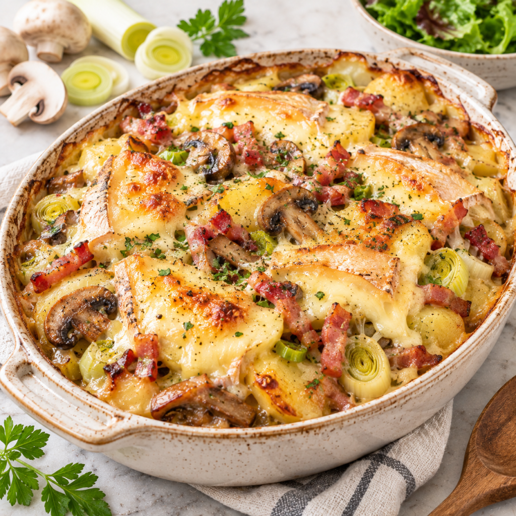Tartiflette aux Poireaux et Champignons