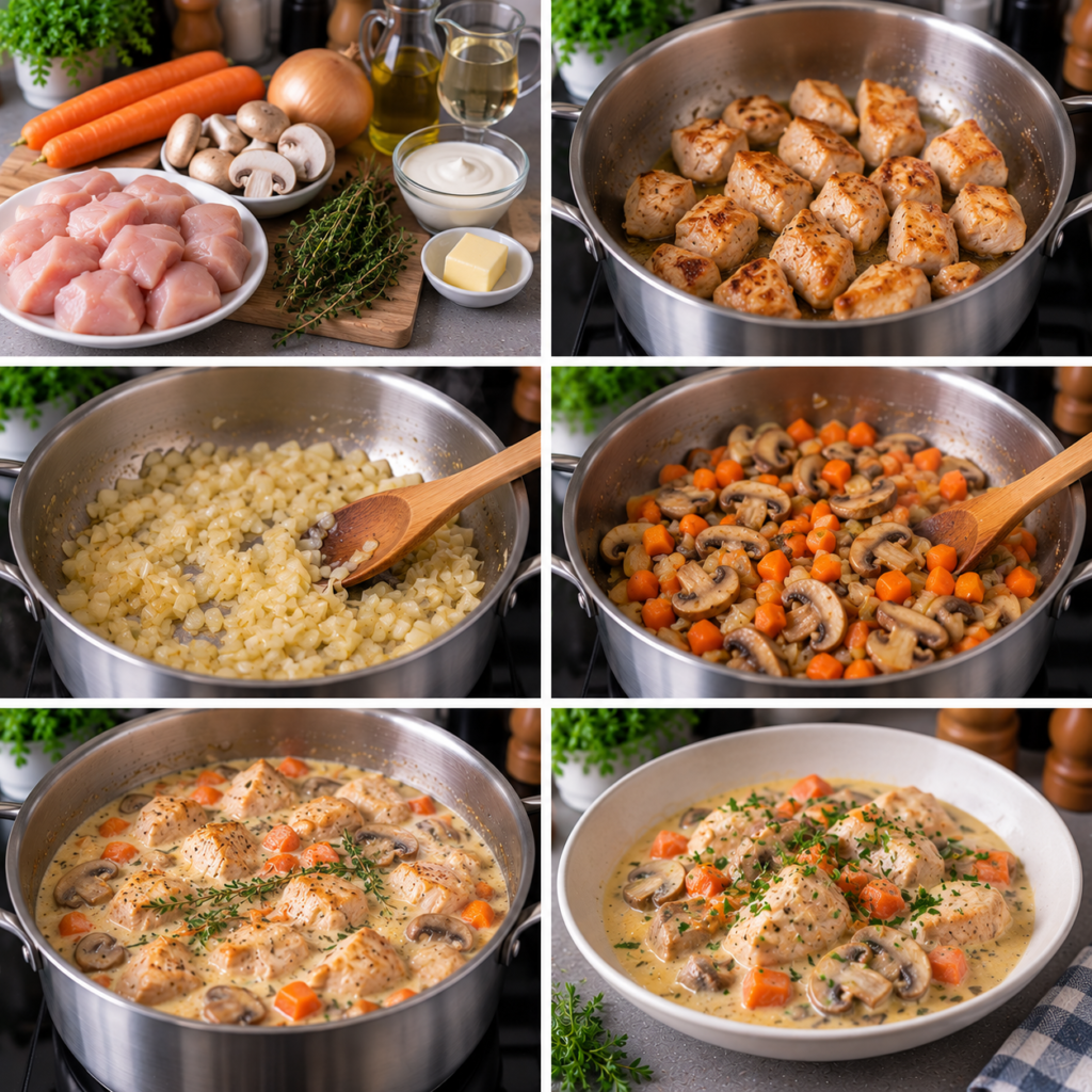 A beautifully crafted non-stick sauté pan (sauteuse antiadhésive) sits prominently on a rustic wooden kitchen table, showcasing its gleaming black surface and stylish ergonomic handle. The pan is filled with a creamy chicken stew, rich with tender pieces of chicken, vibrant orange carrots, and hearty mushrooms, simmering gently. Soft, warm lighting filters through a nearby window, casting a cozy glow over the scene, enhancing the inviting atmosphere of homeliness. In the background, a checked tablecloth and some fresh herbs in small pots add charm and color, while a light bokeh effect creates depth, focusing on the sauté pan and stew. The angle is slightly overhead, giving a clear view of the hearty dish and the rustic kitchen setting. Ragoût de poulet crémeux