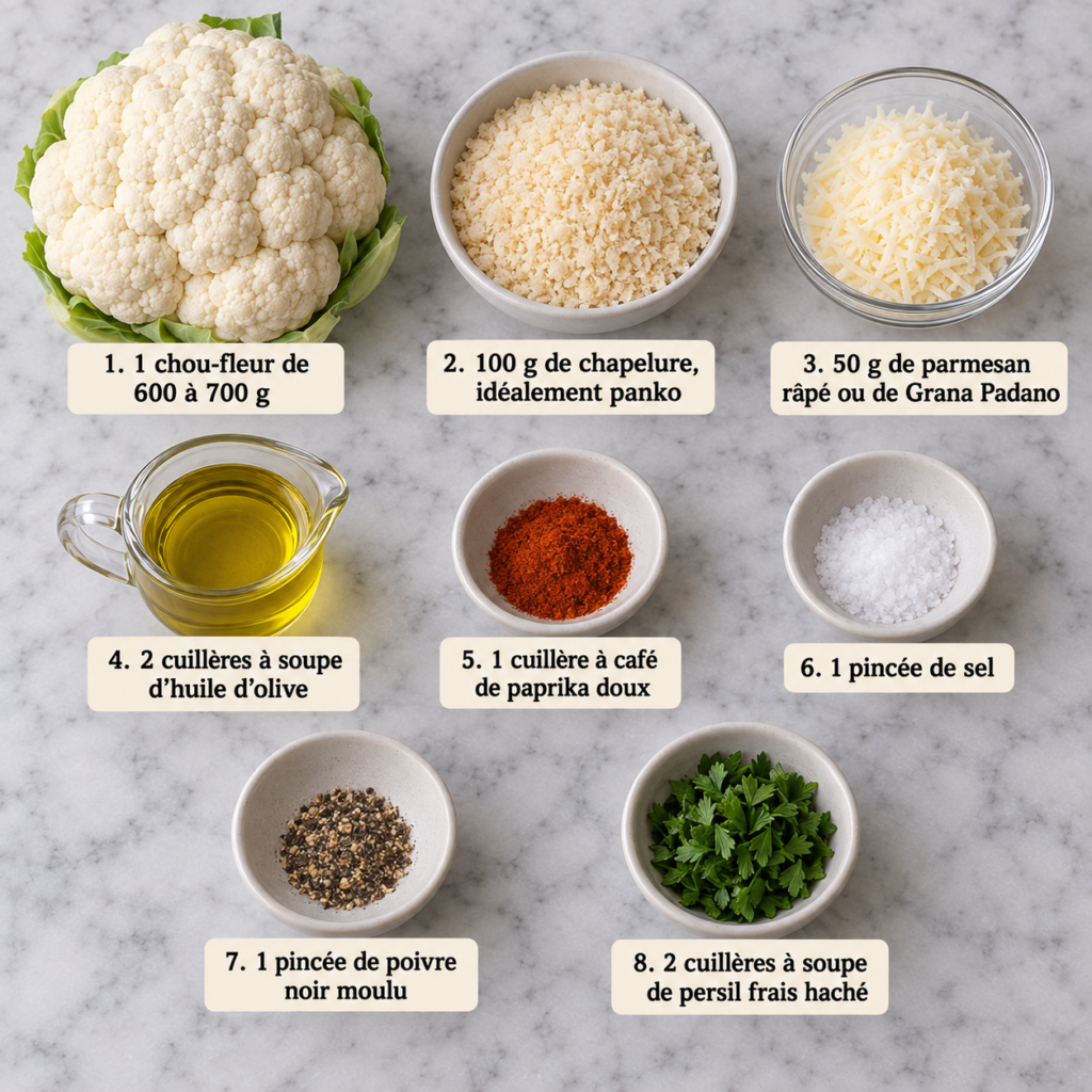 A cozy homemade cooking scene, showcasing the preparation of ingredients for roasted cauliflower on a baking sheet. In the foreground, a halved cauliflower with fresh herbs like rosemary and thyme, along with a scattering of spices, sea salt, and freshly grated parmesan cheese. In the middle, a rustic wooden cutting board slightly dusted with flour, showcasing sliced garlic and a small dish of olive oil. The background features a warm, inviting kitchen with softly glowing pendant lights and wooden shelves lined with jars of spices and fresh vegetables. The atmosphere is warm and inviting, evoking a sense of comfort and creativity in cooking. Soft, natural lighting highlights the textures and colors of the fresh ingredients, creating a deliciously inviting scene. Chou-fleur rôti au parmesan