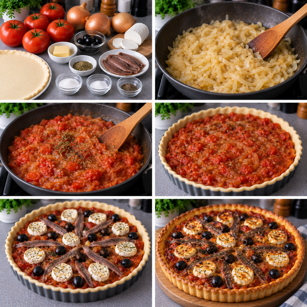 A cozy kitchen scene featuring a high-quality non-stick frying pan (poêle antiadhésive) placed on a rustic wooden table. The pan is filled with a vibrant, simmering mixture of tomatoes and onions, releasing steam and aromas. Surround the pan with fresh Mediterranean ingredients: ripe tomatoes, diced onions, anchovies, and olives artfully arranged. The background showcases softly blurred kitchen elements, like hanging herbs and a window with warm, golden daylight filtering through, creating a cheerful atmosphere. Capture the essence of homemade cooking with a shallow depth of field, focusing on the sizzling mixture in the pan while allowing hints of the kitchen environment to add warmth to the scene. Emphasize a wholesome and inviting mood, perfect for showcasing a flavorful Mediterranean dish. Tarte provençale