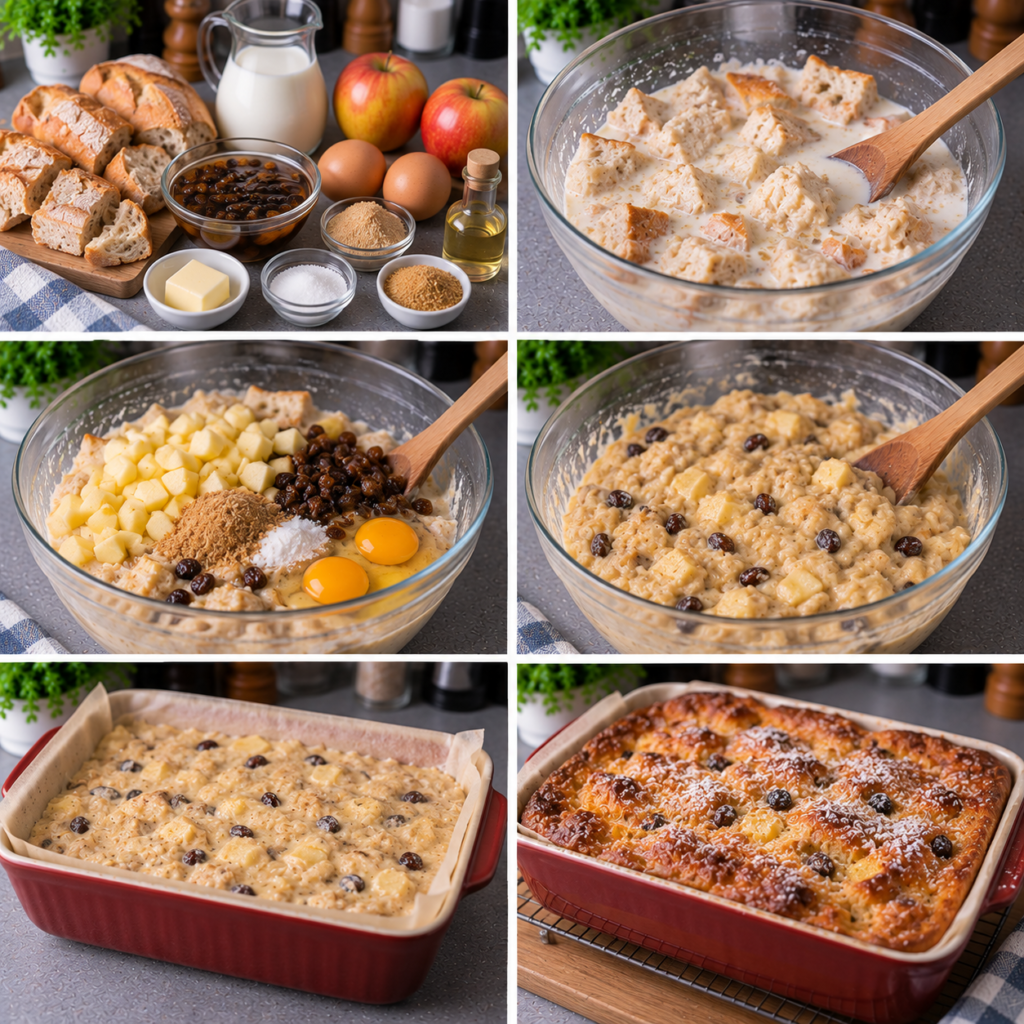 A cozy kitchen scene showcasing a fluffy bread pudding with apples and raisins, beautifully plated on a rustic wooden table. In the foreground, the warm, golden-brown pudding is topped with a dusting of powdered sugar and surrounded by sliced apples and plump raisins. The middle features a variety of kitchen utensils, a ceramic bowl with additional apple slices, and a small jar of cinnamon for added texture. In the background, softly glowing warm light filters through a window, illuminating wooden shelves filled with jars and fresh ingredients. The atmosphere is inviting and homely, evoking the essence of grandmother’s cooking, perfect for heartwarming family gatherings. The composition is warm and focused, shot with a natural, soft lens to enhance the inviting feel. Pudding de grand-mère