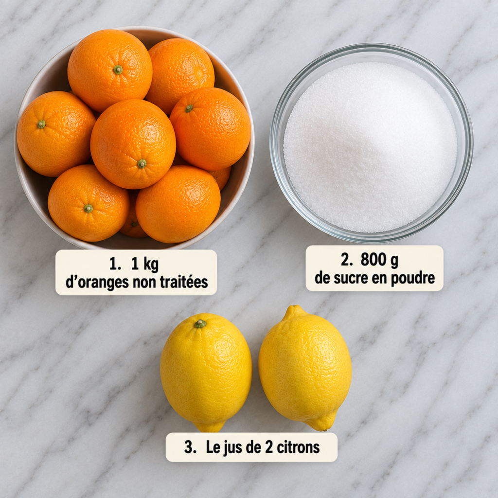 A rustic kitchen scene with a warm, inviting atmosphere, featuring a wooden table adorned with fresh, untreated oranges ready for jam preparation. The foreground showcases vibrant oranges, some halved to reveal their juicy interiors, alongside a sturdy cutting board and a sharp knife. In the middle ground, a clear glass jar stands empty, waiting to be filled with the fragrant jam, surrounded by a small bowl of sugar and a wooden spoon. The background reveals soft, natural light filtering through a nearby window, casting gentle shadows across the scene. Warm earth tones dominate the color palette, evoking a sense of homely comfort, as if inviting viewers to join in the joyous process of making homemade orange jam. Confiture d’orange maison
