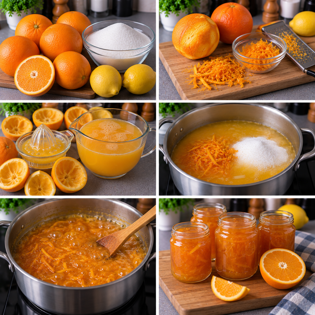 A large pot of vibrant, homemade orange jam sits prominently on a rustic wooden kitchen table, its glossy surface reflecting warm light. The pot is filled with rich, golden-orange preserves, bursting with citrus zest and small bits of orange peel. Surrounding the pot are fresh oranges and a wooden spoon, hinting at the cooking process. In the background, a charming kitchen with cream-colored walls and vintage utensils creates a cozy atmosphere, illuminated by soft, natural light streaming through a nearby window. The composition captures the inviting and aromatic essence of homemade orange jam, emphasizing the craft of cooking with fresh ingredients. The overall mood is warm, nostalgic, and inviting, perfect for a homely culinary experience. Confiture d’orange maison