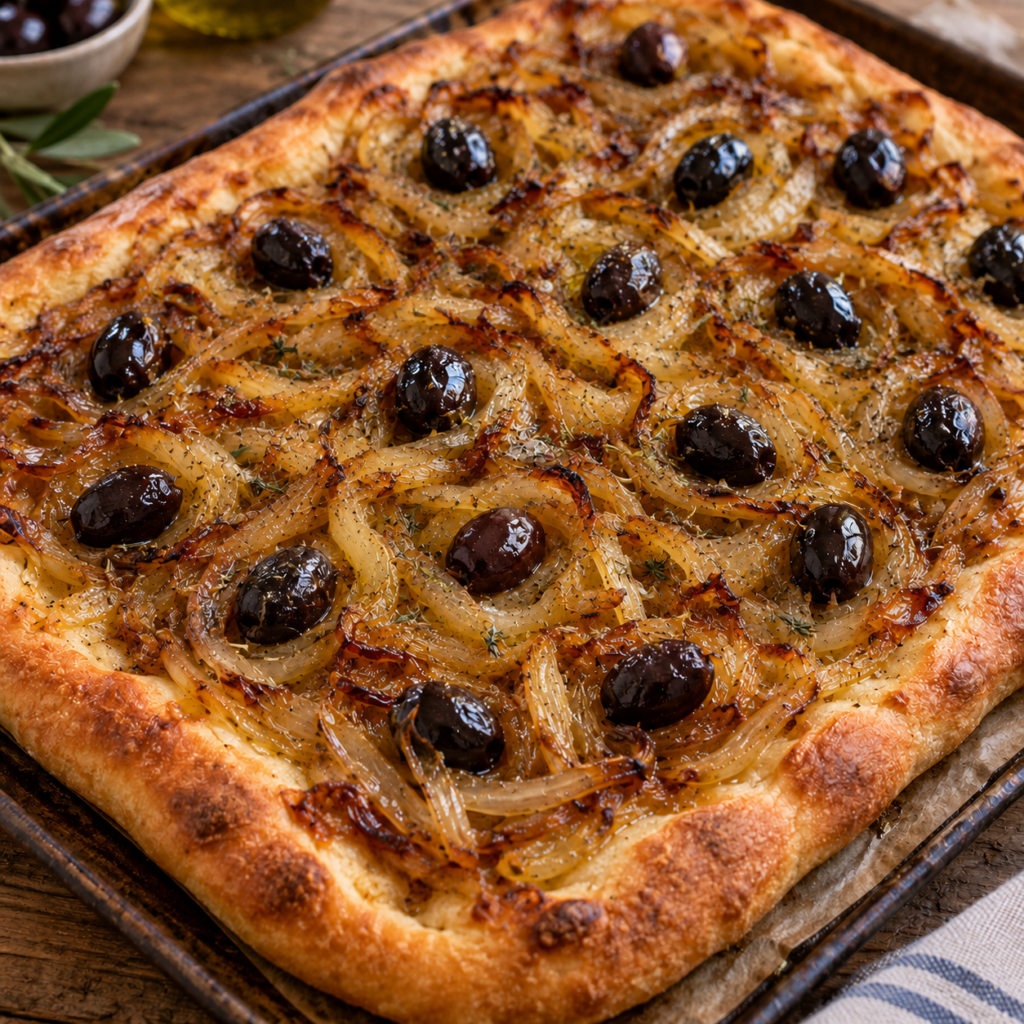 Pissaladière aux oignons confits et olives