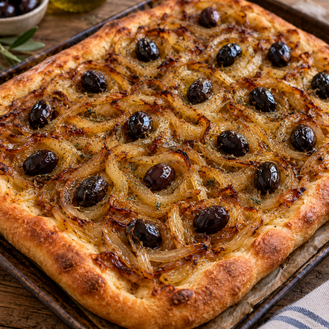 Pissaladière aux oignons confits et olives