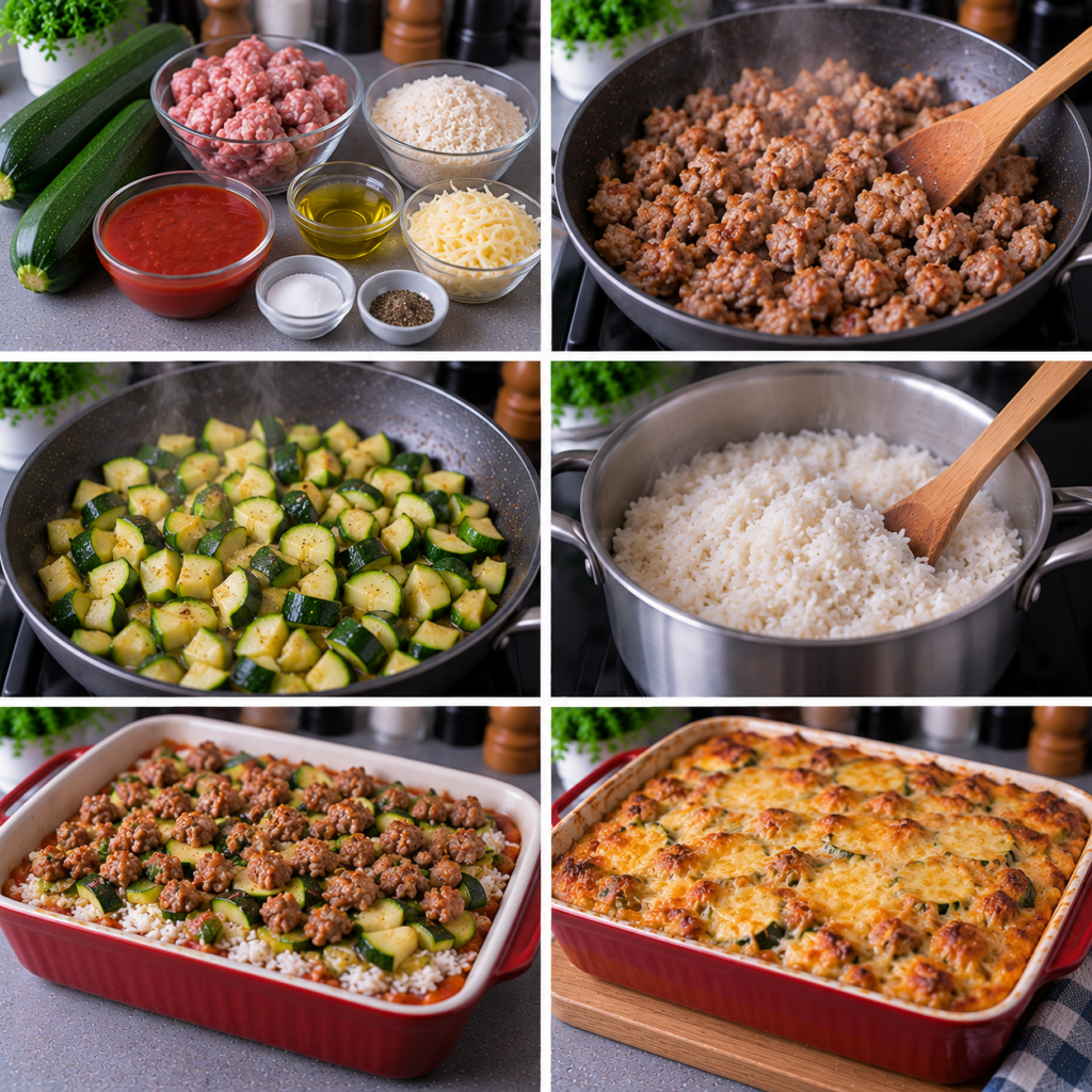 Gratin de courgettes riz et saucisses
