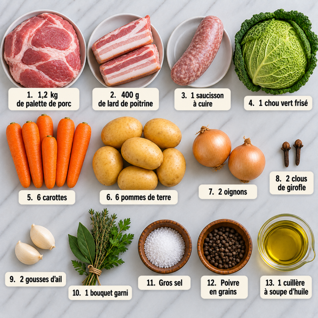 A rustic kitchen setting featuring a wooden table adorned with traditional ingredients for "Potée auvergnate". In the foreground, display a large, vibrant green cabbage alongside various cuts of meat such as a juicy pork shoulder, bacon, and sausage, artfully arranged on a textured wooden chopping board. Include a handful of fresh herbs like thyme and bay leaves, and a few whole garlic cloves scattered around. The midground showcases a simmering pot on a gas stove, filled with bubbling broth, while a wooden spoon rests nearby. The background includes warm, soft lighting that creates a cozy atmosphere, with kitchen utensils and rustic decor items like old ceramic pots and wooden shelves stocked with jars. The scene should evoke a sense of homey tradition and comfort, highlighting the preparation of a beloved French dish. Potée auvergnate traditionnelle