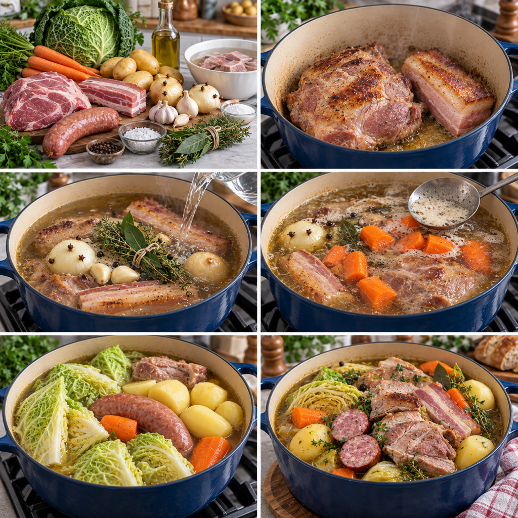 A cozy rustic kitchen scene showcasing a traditional "potée auvergnate" served in a large, elegant cocotte. In the foreground, focus on the beautifully arranged potée, featuring luscious green cabbage, tender pieces of pork, sausage, and colorful vegetables, simmering gently. The cocotte is vibrant and polished, with steam rising softly from its lid. In the middle, a rustic wooden table is adorned with a checked tablecloth, wooden utensils, and a few fresh herbs in small pots, enhancing the homely atmosphere. In the background, warm sunlight filters through a window, illuminating the kitchen shelves filled with vintage cooking tools and jars, creating a welcoming, nostalgic ambiance. The mood is inviting and comforting, perfect for a family gathering. Potée auvergnate traditionnelle